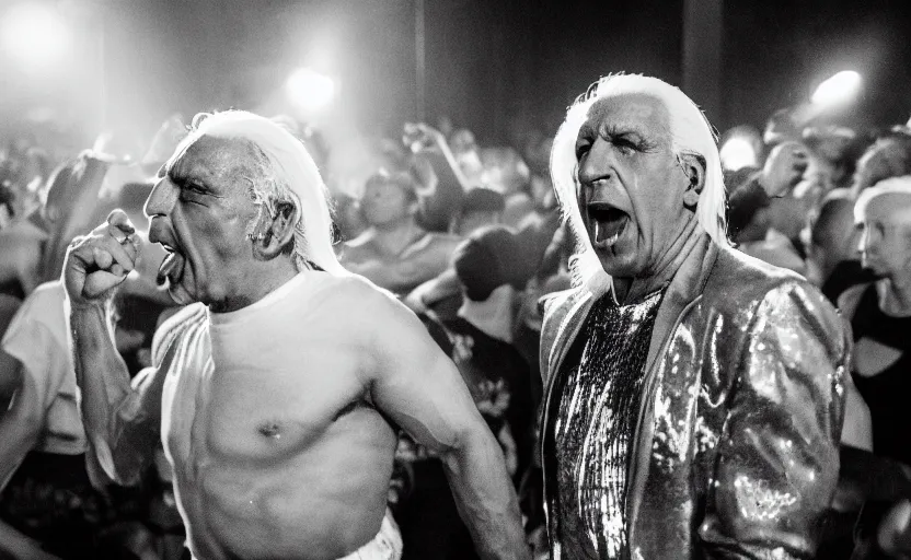 Prompt: long exposure photography of Ric Flair sweating and dancing in a rave party in a disco full of people, detailed face,