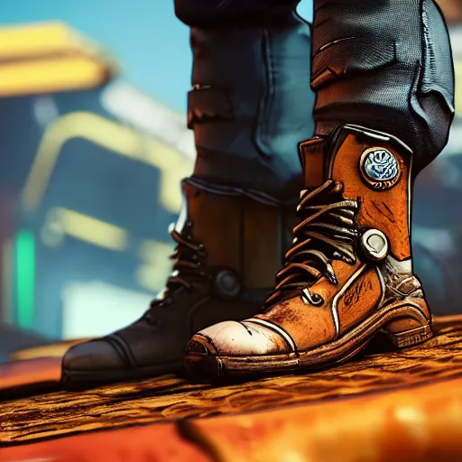 Image similar to a mechanic boots in the borderlands 3 style, close - up, cinematic shot, intricate, ornate, photorealistic, ultra detailed, realistic, 1 0 0 mm, photography, octane, high definition, depth of field, bokeh, 8 k, behance, artstation