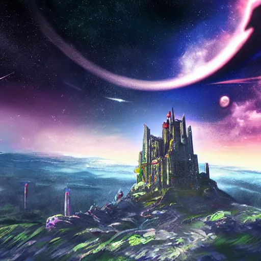 Prompt: stone castle in the style of cyberpunk ontop of a mountain, space sky, anime illustration,