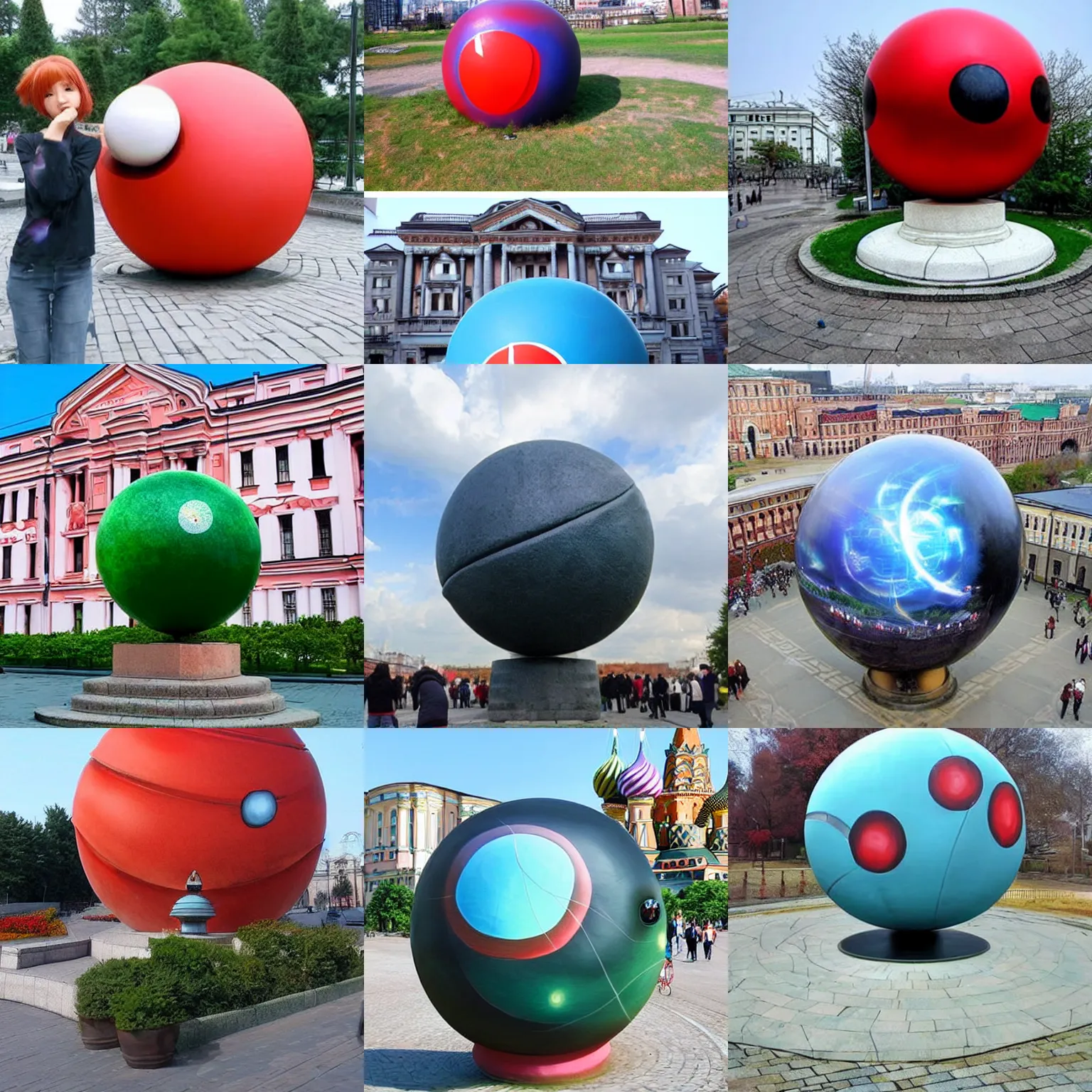 Prompt: Anime-Transformed Monuments - A Spherical Statue in Russia Was Painted to Look Like a Huge Poké Ball