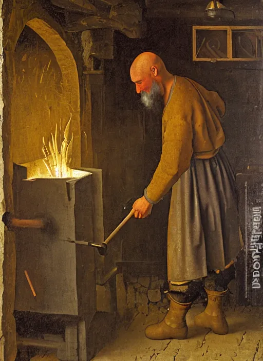 Image similar to A bald blacksmith, with a long dark beard in a forge, medieval forge, medieval painting by Jan van Eyck, Johannes Vermeer, Florence