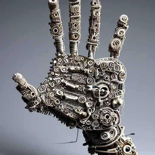 Prompt: cybernetic robotic hand made of intricate gears, wires and ceramics, engraved with sanskrit writing
