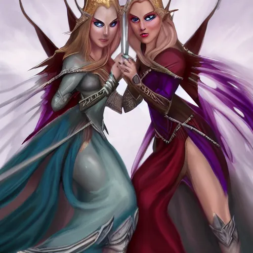 Prompt: two elven princesses fighting each other artstation high fantasy