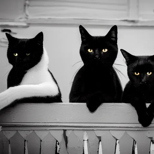 Image similar to In an old house area, a group of black cat with red eyes, the scene is dark, old black and white photo,50 mm, hyper-realistic, 8K HDR.