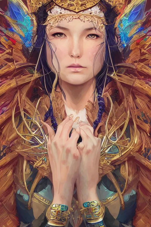 Image similar to shamanic priestess by artgerm, tooth wu, dan mumford, beeple, wlop, rossdraws, james jean, marc simonetti, artstation giuseppe dangelico pino and michael garmash and rob rey and greg manchess and huang guangjian and makoto shinkai