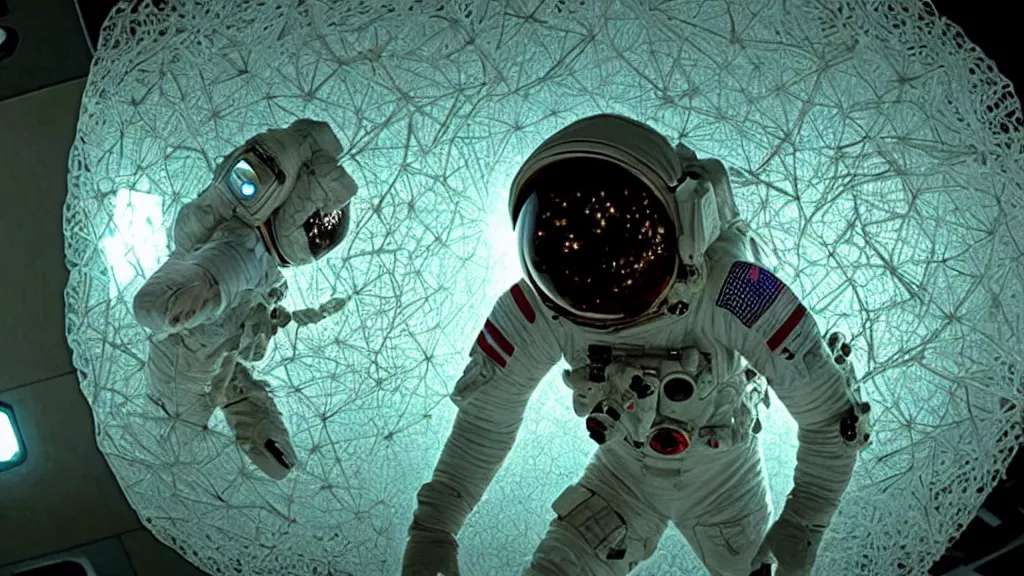 Image similar to a astronaut eva suit covered in diamond 3d fractal lace iridescent bubble 3d skin and covered with insectoid compound eye camera lenses floats through the living room, film still from the movie directed by Denis Villeneuve with art direction by Salvador Dalí, wide lens,