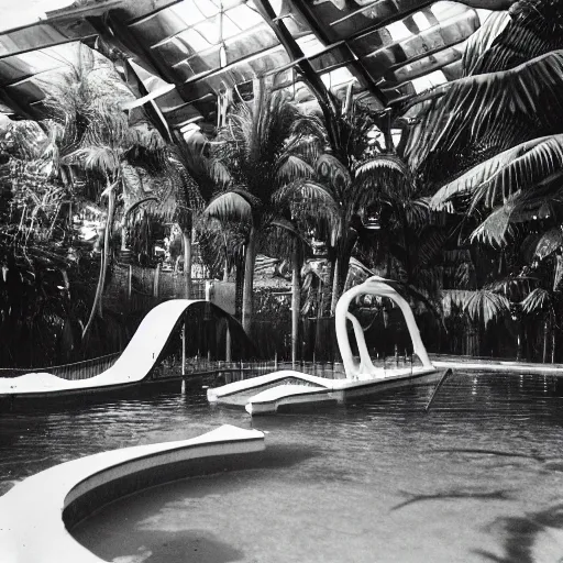 Prompt: inside waterpark with ferns and palm trees, liminal, photo from the 80s, found footage, wideangle,