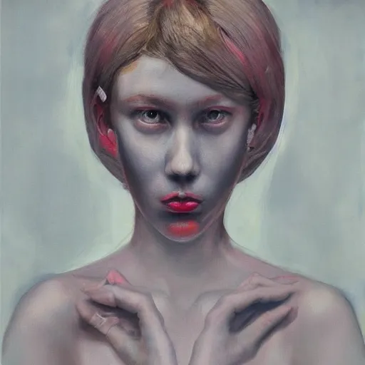 Prompt: ghostly female portrait in detail in oil paint by james jean,