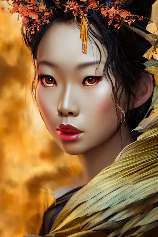 Image similar to stunningly beautiful, indonesian geisha dancer in jungle, symmetrical face, golden hour, smooth, focus, highly detailed, hyper realistic, dramatic lighting, elegant, intricate, concept art, art by wlop, mars ravelo, greg rutowski, artstation