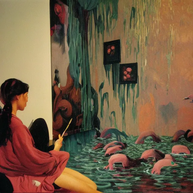 Image similar to female emo art student in her apartment, painting of flood waters inside an artist's feminine bedroom, a river flooding indoors, pomegranates, pigs, ikebana, water, octopus, river, rapids, waterfall, black swans, canoe, berries, acrylic on canvas, surrealist, by magritte and monet