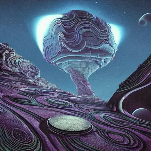 Image similar to a surreal, psychadelic, dreamlike, otherworldly, wierd, alien landscape, interesting details, alien buildings, ringed moons, game-concept art, by Moebius, by Miyazaki, by M. C. Escher, by Ghibli, Fantasy LUT, epic composition, 8k,