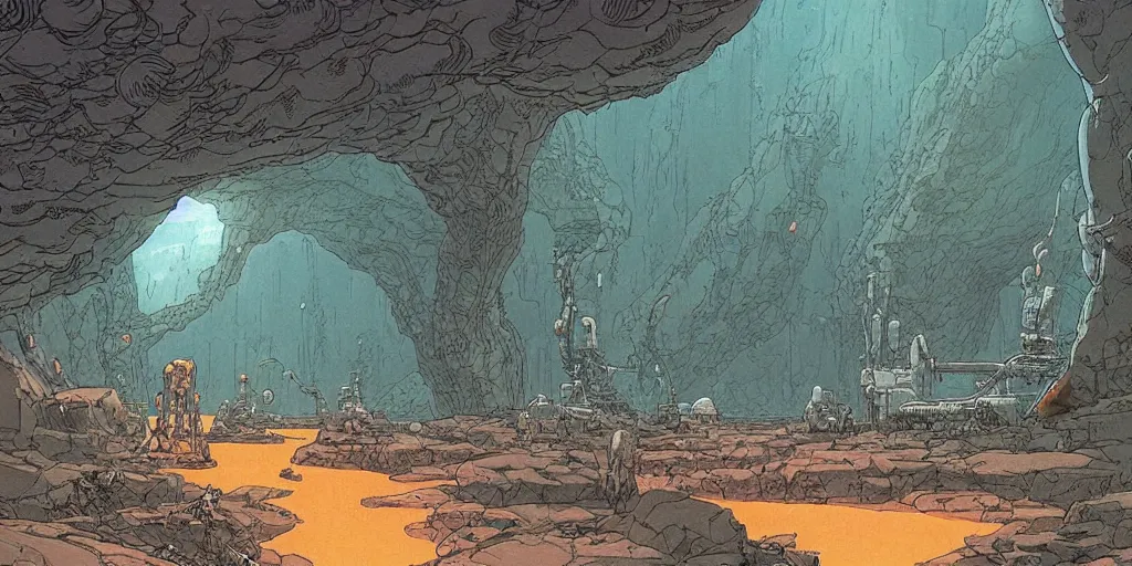 Image similar to natural cave with scifi huge experimental tanks and bizarre creatures in it , low ceiling, cables hanging from ceiling, thick cables on ground, ground perspective, computer screens, neons, top light , epic scene, 8k, illustration, art by ghibli moebius, comics art