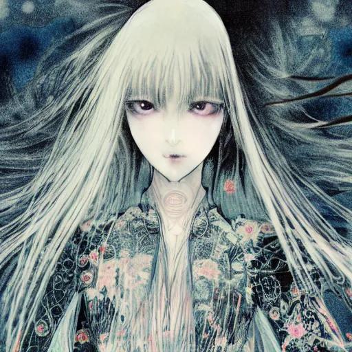 Image similar to yoshitaka amano blurred and dreamy realistic illustration of a japanese young woman with black eyes, wavy white hair fluttering in the wind wearing elden ring armor with engraving, abstract patterns in the background, satoshi kon anime, noisy film grain effect, highly detailed, weird portrait angle, blurred lost edges, three quarter view