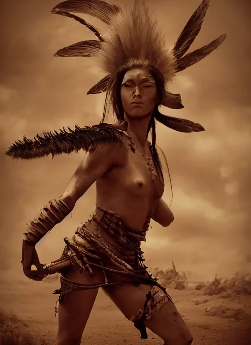 Prompt: movie frame with native tribal girl fighting , action, monster hunter, evil, dark, beautiful body, clean brutal blooded face, brutal make up, epic,dramatic lighting, cinematic, establishing shot, extremely high detail, photorealistic, brutal, provocative , cinematic lighting, artstation, octane render, dark fantasy, inspired by Boris vallejo, sepia, old photography, documentary photography, national geographic photography