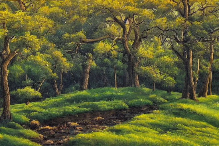 Prompt: masterpiece painting of oak trees on a hillside overlooking a creek, dramatic lighting, by jane graverol