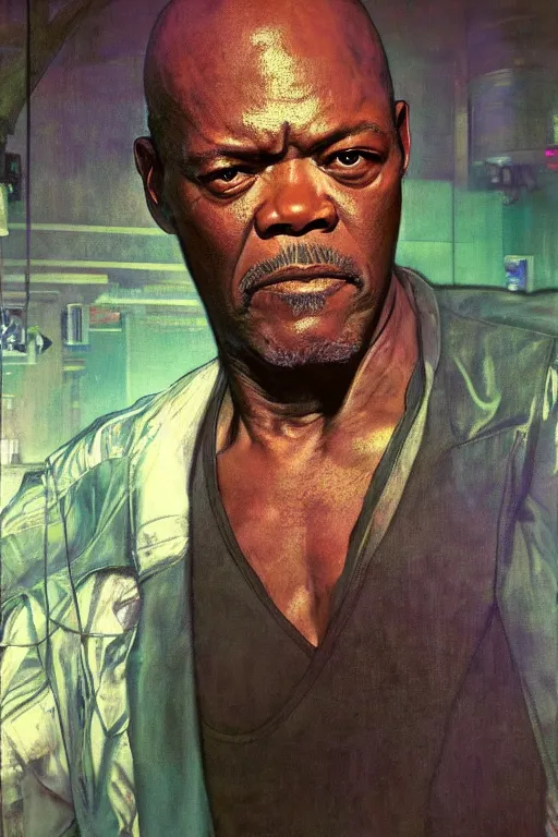 Image similar to hyperrealist portrait of samuel l jackson, it is decorated with wires and monitors in the miami beach background. by jeremy mann and alphonse mucha, fantasy art, photo realistic, dynamic lighting, artstation, poster, volumetric lighting, very detailed faces, 4 k, award winning