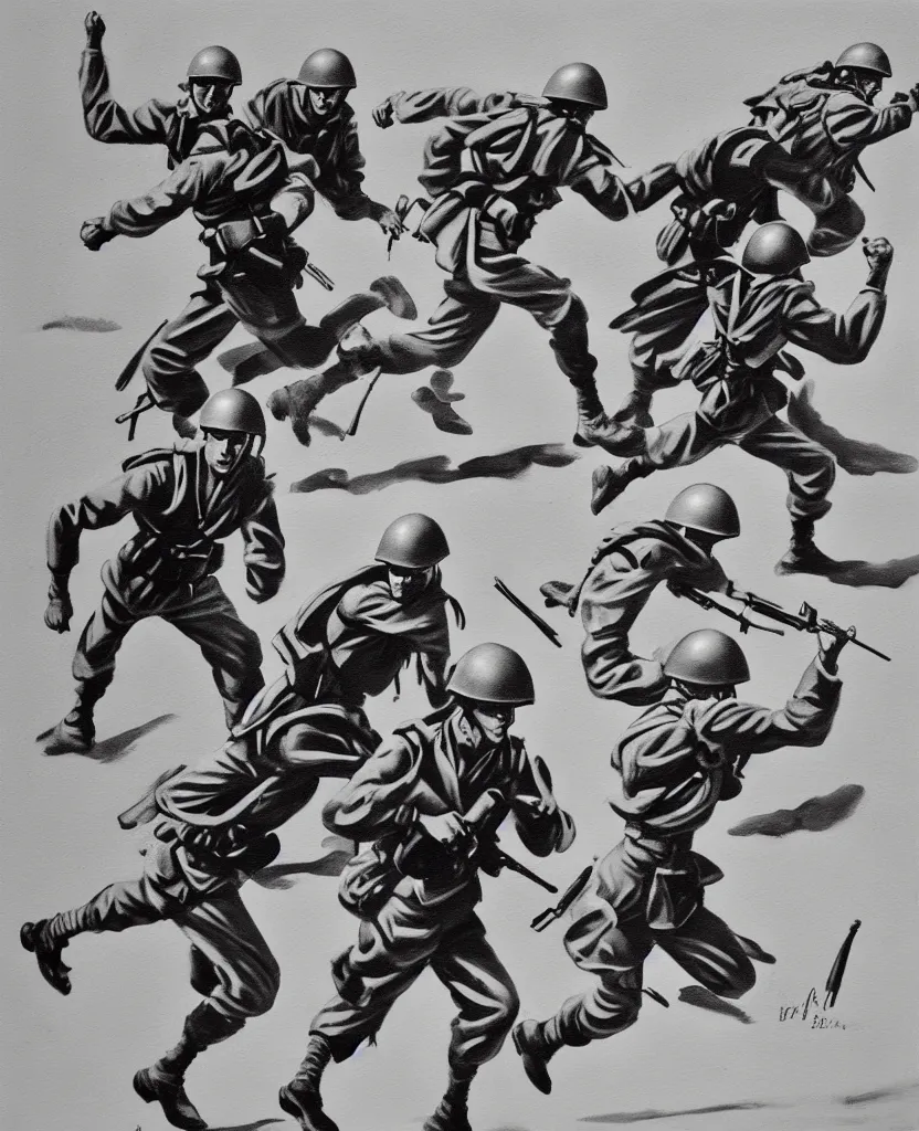 Image similar to a painting of running soldiers and bombs in el alamein battle, wwii,, black and white, disorder, bauhaus