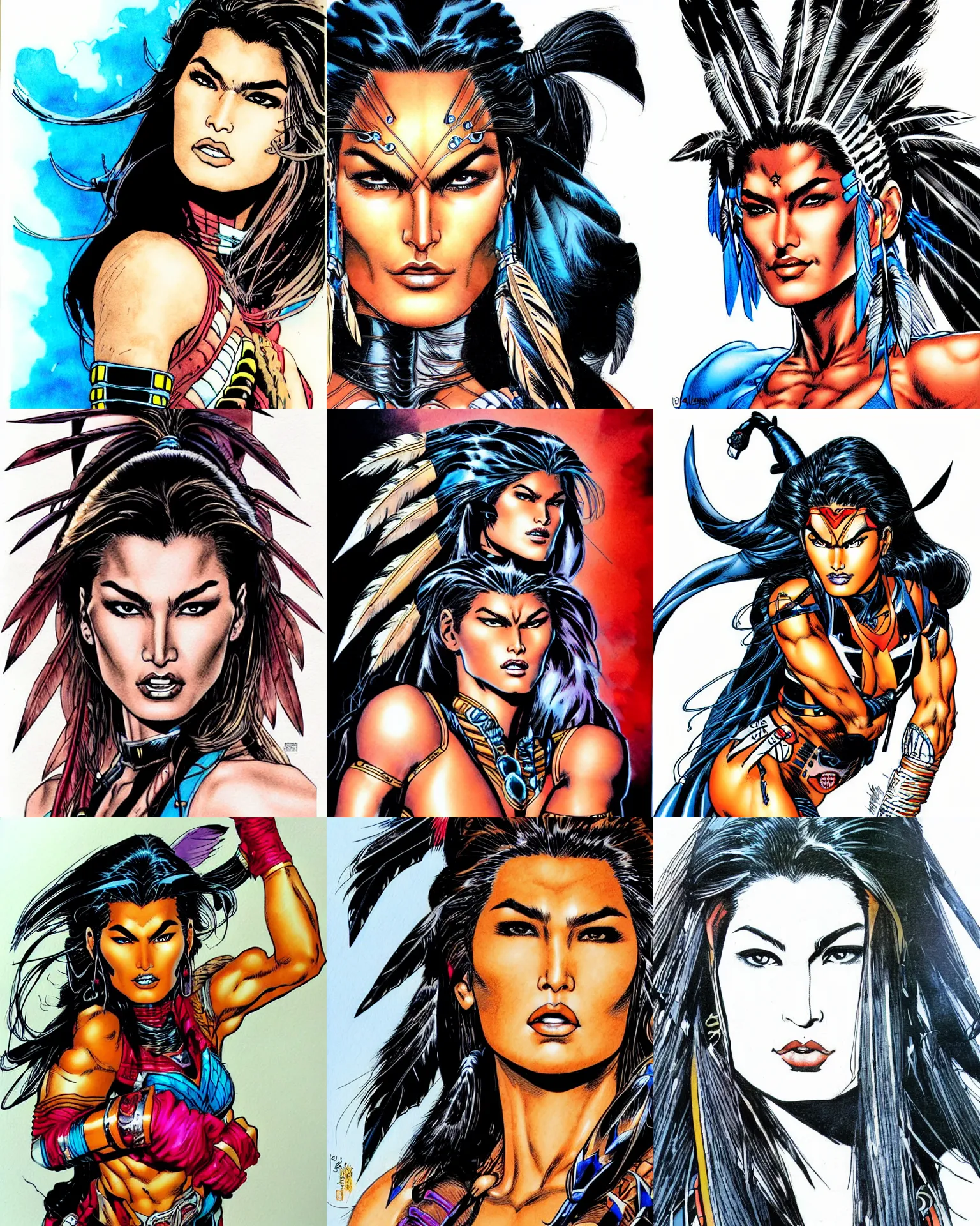 Prompt: jim lee!!! ink colorised airbrushed gouache sketch by jim lee close up headshot of native indian chinese cindy crawford in the style of jim lee, x - men superhero comic book character by jim lee
