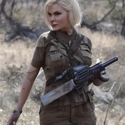 Image similar to elisha cuthbert as a soldier in a dystopian future battleground