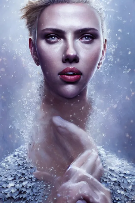 Prompt: a fancy portrait of Scarlett Johansson covered in dragon scales by Greg Rutkowski, Sung Choi, Mitchell Mohrhauser, Maciej Kuciara, Johnson Ting, Maxim Verehin, Peter Konig, final fantasy , mythical, 8k photorealistic, cinematic lighting, HD, high details, atmospheric,