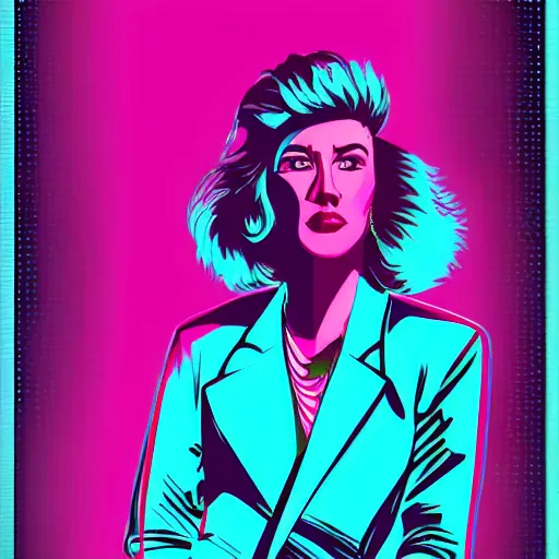 Image similar to a portrait of a handsome butch woman, in retro colors, synthwave style, 2 d digital vector art