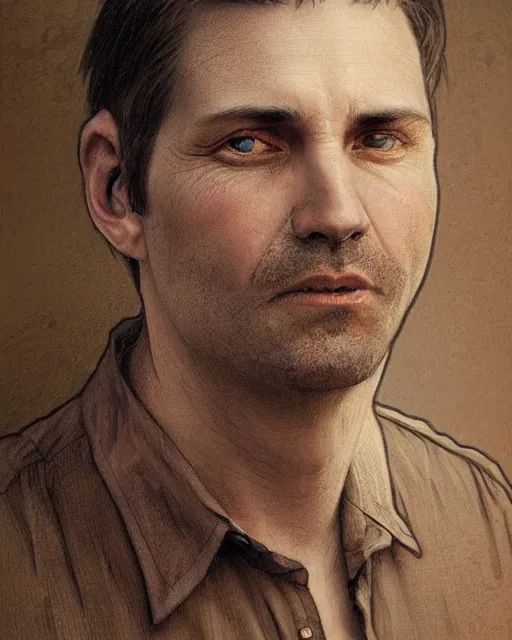 Image similar to portrait of 4 0 - year - old man, with a pale face with premature lines, and light brown hair going grey, wearing in shirt, hyper realistic face, beautiful eyes, fantasy art, in the style of greg rutkowski, intricate, alphonse mucha, hyper detailed, smooth