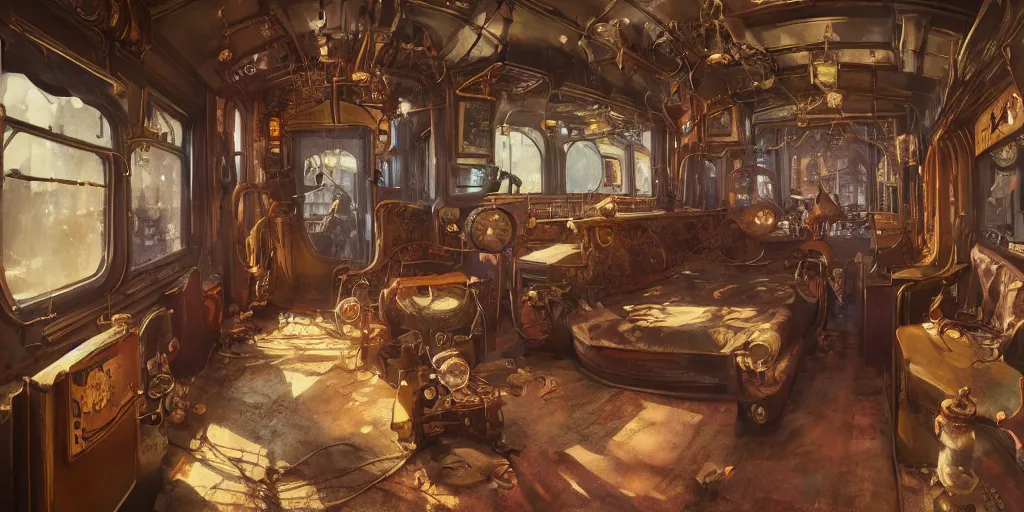 Image similar to steampunk train bedroom interior, colorful, contrast, depth of field, 3 d scene, render, greg rutkowski, zabrocki, karlkka, jayison devadas, trending on artstation, 8 k, ultra wide angle, zenith view, pincushion lens effect