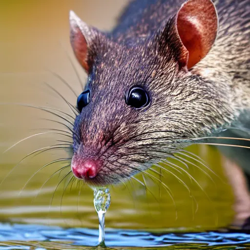 Prompt: close up photo of an australian swamp rat, drinking water from a lake in tasmania, bokeh, 4 0 0 mm lens, 4 k award winning nature photography