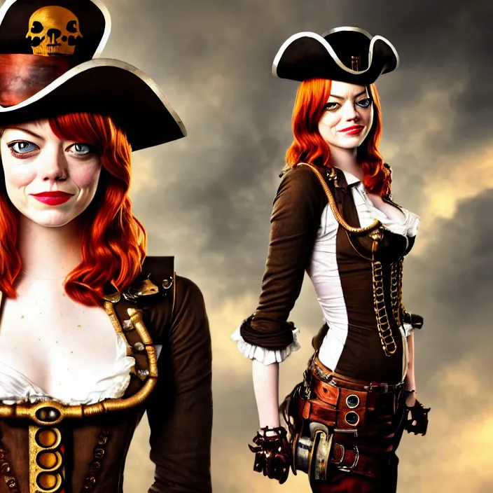 Prompt: full body photograph of emma stone as a steampunk pirate. Extremely detailed. 8k