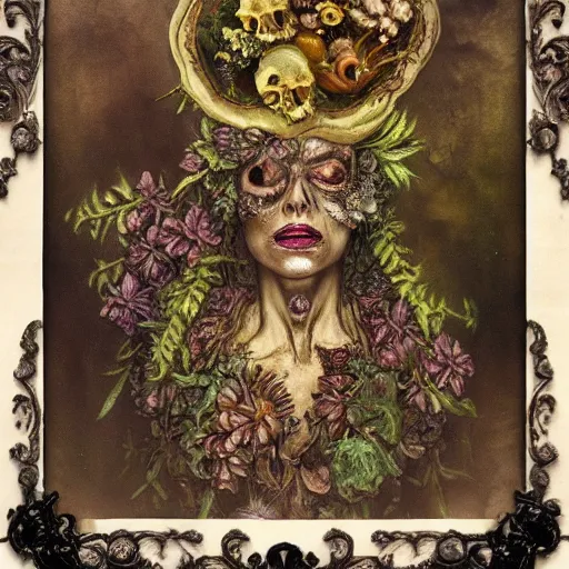 Image similar to a beautiful detailed front view baroque portrait of a rotten woman corpse becoming almost a skull with fractal plants and fractal flowers and mushrooms growing around, intricate, ornate, volumetric light, beautiful lit, polaroid photography