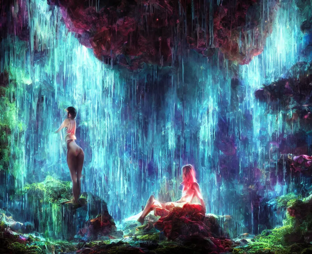 Prompt: oil painting, star rain, underground lake, stalactites, stalagmites, rocks, dungeon, glowing threads of drop, girl under a waterfall, fluorescent colors, rich deep colors masterpiece, ultra detailed, beautiful fantasy, contrast, volumetric light, atmospheric lighting, cinematic, moody, octane render 4 k, 8 k