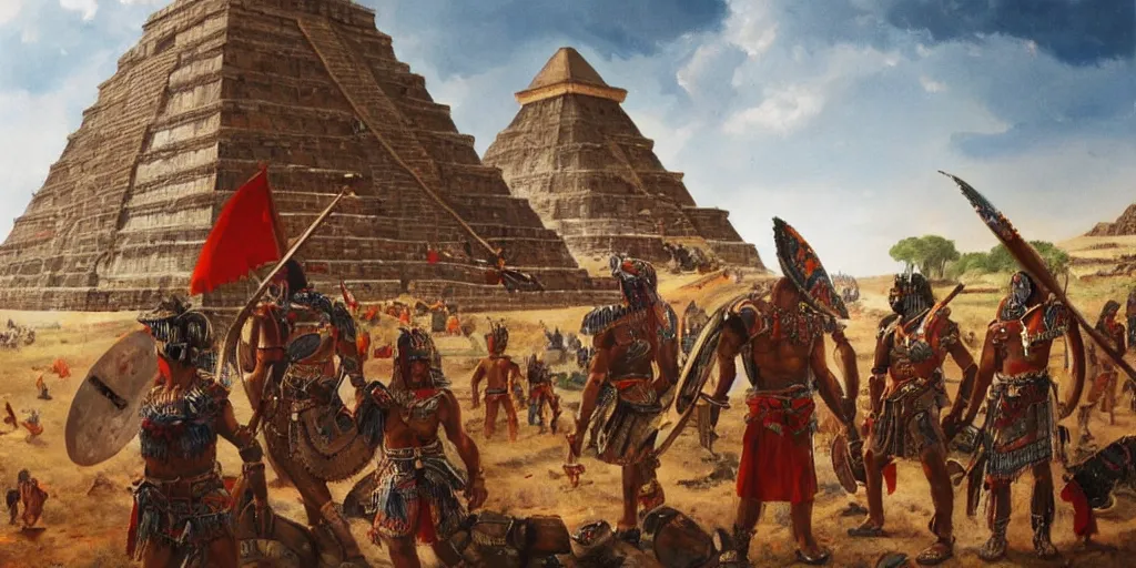 Prompt: simonetti rutkowski painting aztec warriors watching spaceship arriving to mesoamerican pyramid