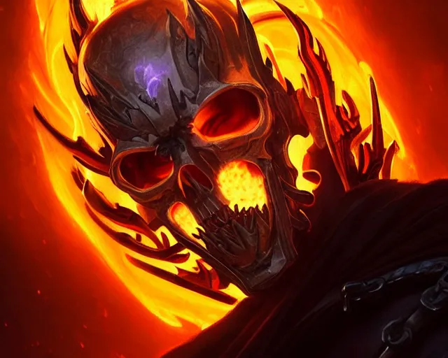 Image similar to a gaming screenshot still portrait of ghost rider, deep focus, d & d, fantasy, intricate, elegant, highly detailed, digital painting, artstation, concept art, matte, sharp focus, illustration, dark fantasy style art, hearthstone, art by artgerm and greg rutkowski and alphonse mucha