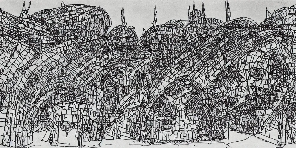Image similar to architectural overview of a 1960 science fiction space port, drawn by Antoni Gaudí, in the style of Xilitla