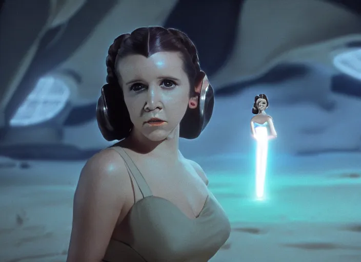 Prompt: glamour portrait of Princess Leia, played by Carrie Fischer, in thin bikini lightsaber training on beach planet, iconic scene from the 1980s film directed by George Lucas, cinematic lighting, hyper real, stunning cinematography, with anamorphic lenses, crisp, detailed portrait, 4k image