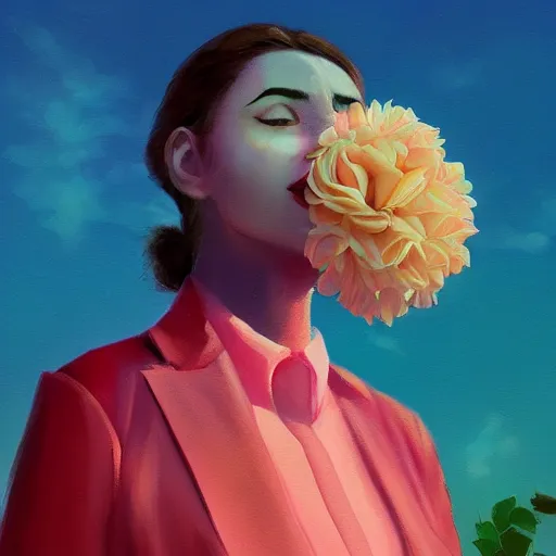 Image similar to closeup, giant rose flower head, frontal, girl in a suit, surreal photography, sunrise, blue sky, dramatic light, impressionist painting, digital painting, artstation, simon stalenhag