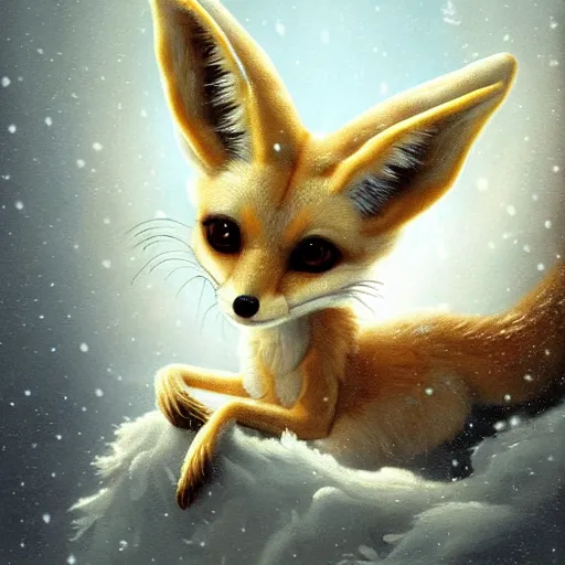 Prompt: Baroque painting of a cute fennec fox in a winter wonderland, artstation, exquisite detail