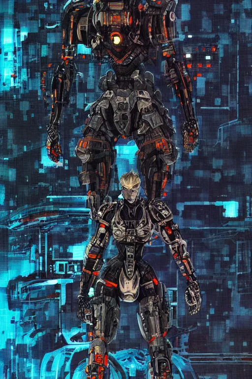 Image similar to a futuristic cybernatic advanced soldier, ninja, hellish landscape painting by greg ruthowski, alphonse murac, yoshikata amano, yoji shinkawa, collaborative artwork, exquisitely high quality and detailed