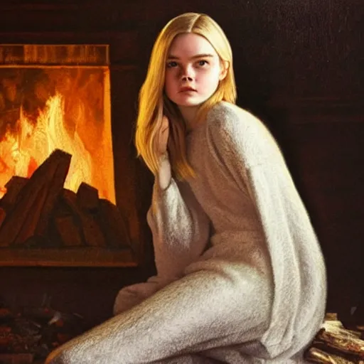 Image similar to Elle Fanning by the fire, head and shoulders portrait, extremely detailed masterpiece, chiaroscuro,