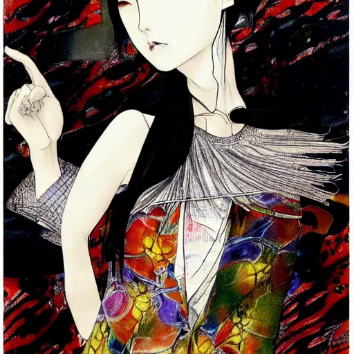 Image similar to yoshitaka amano blurred and dreamy realistic illustration of a woman with black eyes and white hair wearing dress suit with tie, junji ito abstract patterns in the background, satoshi kon anime, noisy film grain effect, highly detailed, renaissance oil painting, weird portrait angle, blurred lost edges, three quarter view