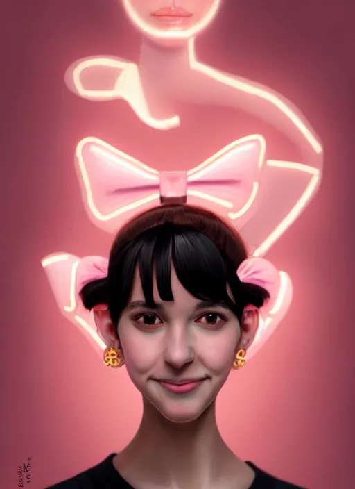 Image similar to portrait of high school girl, realistic, black hair, bangs, half updo hairstyle, pointy nose, skinny, smile, ugly, defined jawline, big chin, pink hair bow, earrings, intricate, elegant, glowing lights, highly detailed, digital painting, artstation, sharp focus, illustration, art by wlop, mars ravelo and greg rutkowski