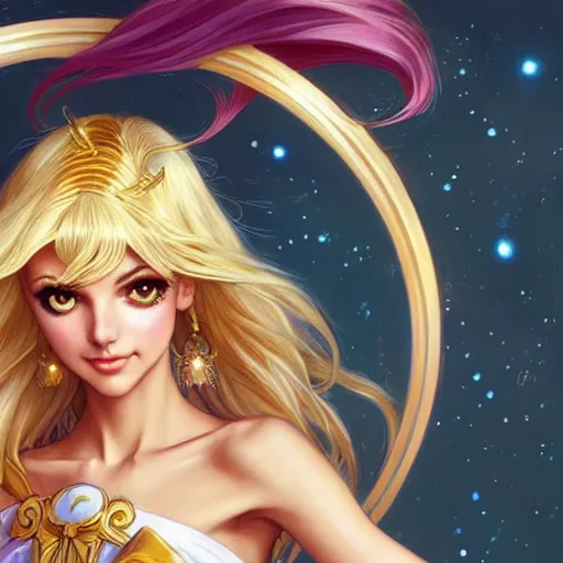 Image similar to Victoria Justice with blonde hair as Sailor Moon, western, D&D, fantasy, intricate, elegant, highly detailed, digital painting, artstation, concept art, matte, sharp focus, illustration, art by Artgerm and Greg Rutkowski and Alphonse Mucha