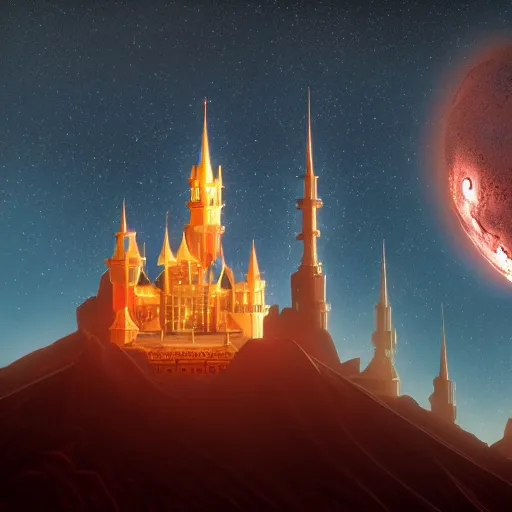 Image similar to the disney castle built on the mars, dark sky, fantasy, unreal engine