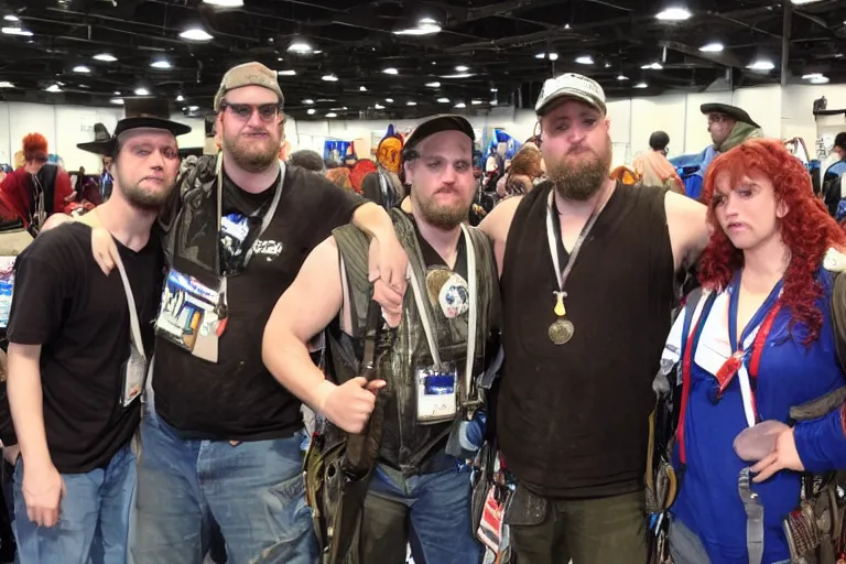 Prompt: a group of multiple ethan van scivers posing for a picture at a comic con convention