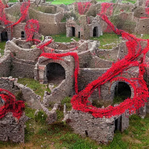 Image similar to the ruins of a village made out of stone, overgrown with red vines