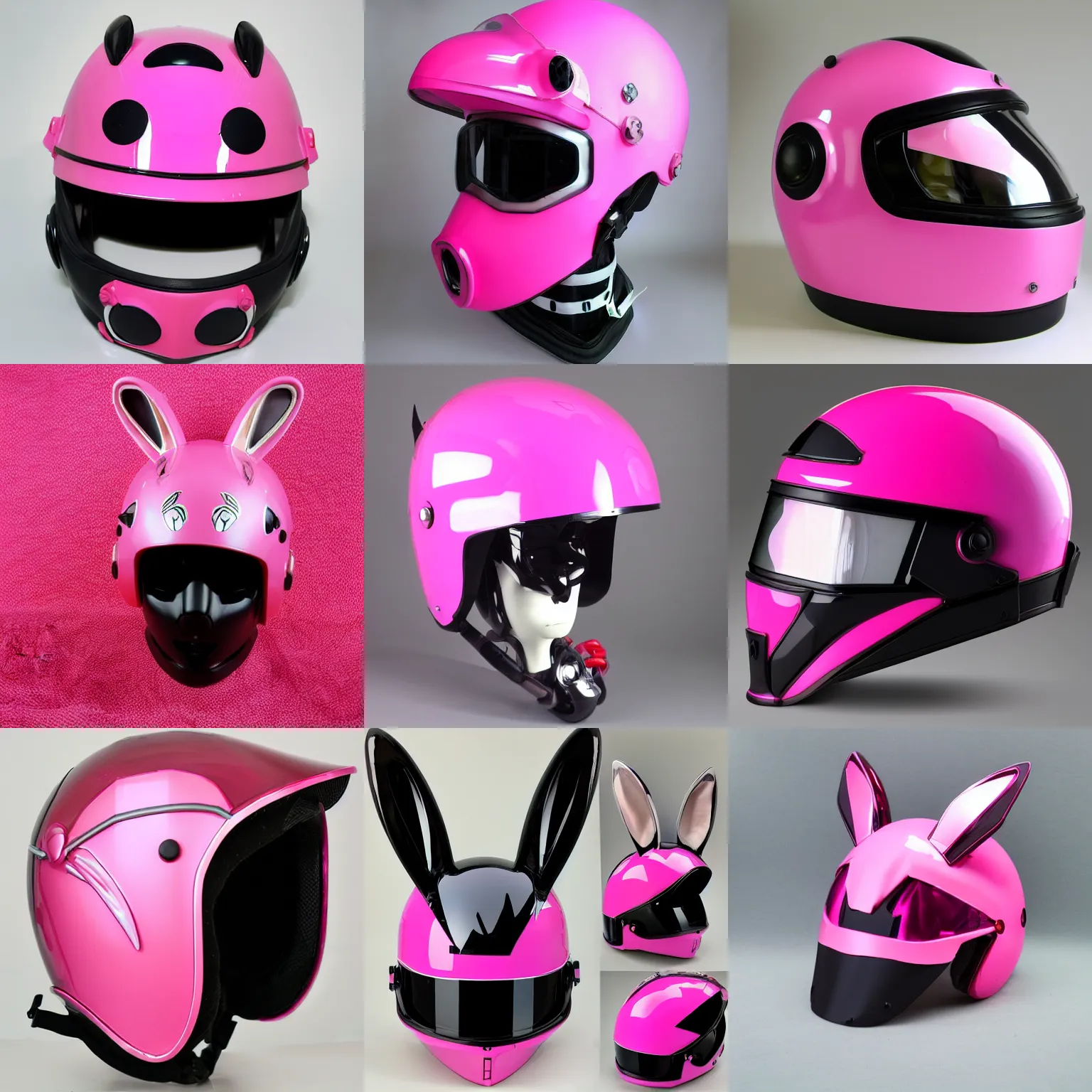 Prompt: official product photo of a motorcycle helmet, cyberpunk, robotic futuristic pink rabbit themed helmet, 獣, bunny, large ears, けもの, aesthetic, helmet, motorbiker, rabbit, rabbit shaped helmet, cybernetic, cyberpunk