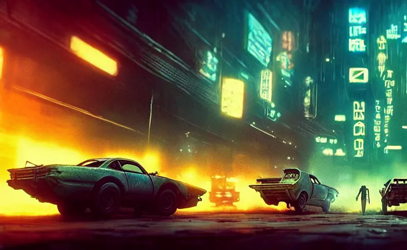 Image similar to car chase though an overgrown destroyed city, epic composition, beautiful lighting, hdr, artistic, cinematic design, by blade runner and rick and morty