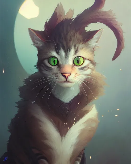 Image similar to highly detailed vfx portrait of a cute cat, unreal engine, greg rutkowski, loish, rhads, beeple, makoto shinkai and lois van baarle, ilya kuvshinov, rossdraws, tom bagshaw, alphonse mucha, global illumination, detailed and intricate environment