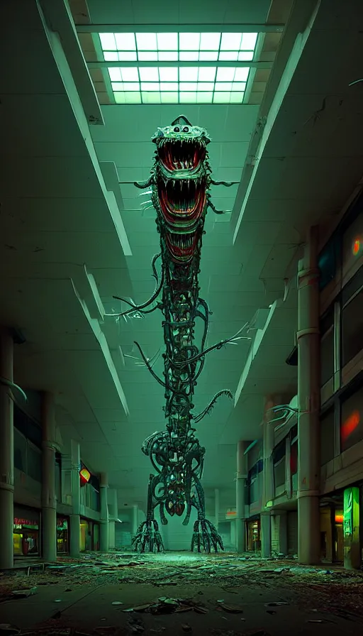 Image similar to biomechanical cybernetic monster creature in the dark abandoned mall, 3 d artwork by simon stalenhag tooth wu ande beeple