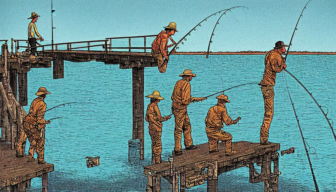 Prompt: fishing a t the end of the ponton by moebius rizoprint